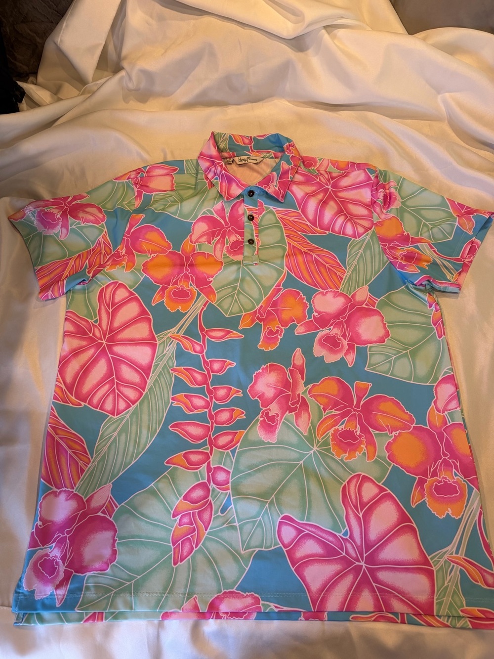 Kenny Flowers Shirt Mens Size XL Blue Floral Performance Golf Polo Hawaiian